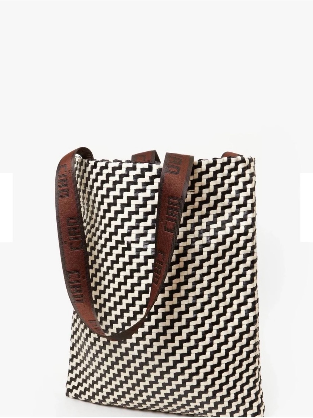CLARE V Woven Black & White Zigzag Tote with Brown Logo Strap